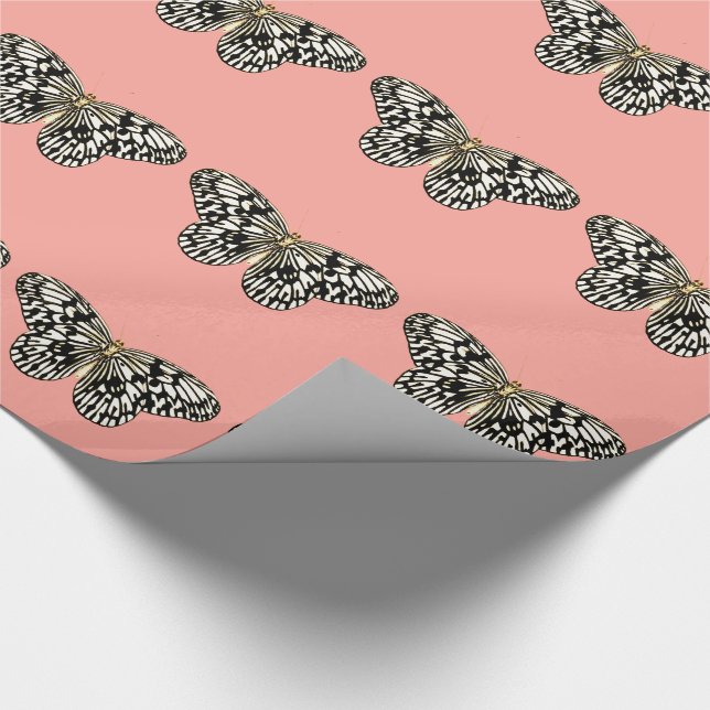 Papier Cadeau Papillon noir et blanc, fond rose corail (Coin)
