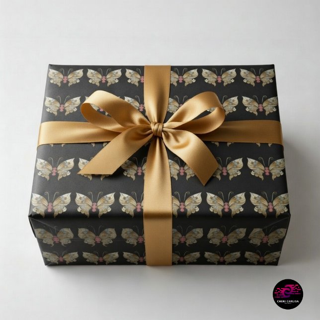 Papier Cadeau Papillon orné d'or (Black and gold butterfly wrap that turns every gift into a luxe statement ✨)