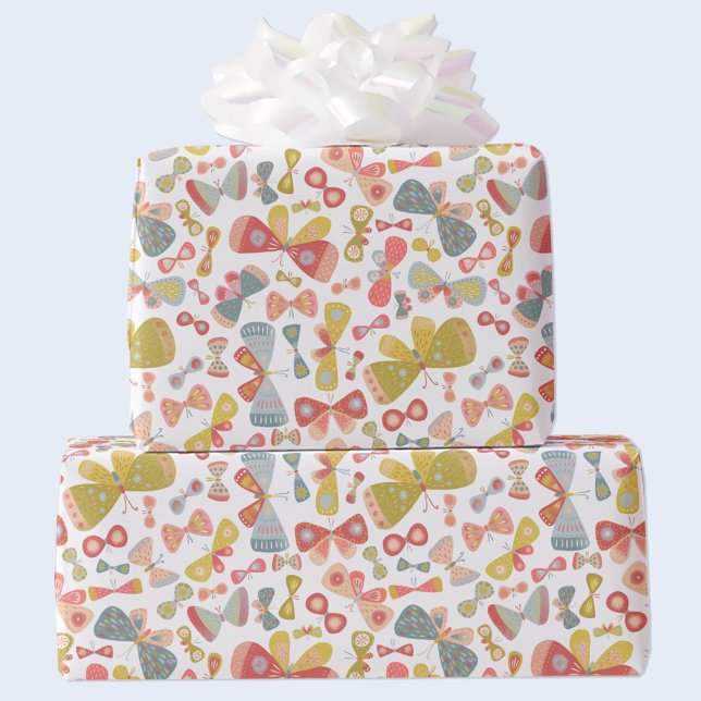 Papier Cadeau Papillon rose vert (Watercolor butterfly pattern gift wrap in pastel pink, green and blue)
