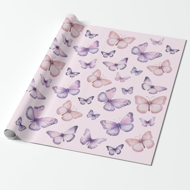 Papier Cadeau Papillon rose violet Anniversaire (Déroulé)