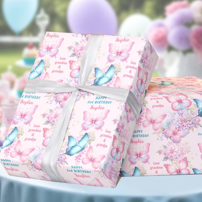 Papier Cadeau Papillon rose violet été Anniversaire Nom de la fi (Butterfly Pink Purple Summer Birthday Girl Name Wrapping Paper)