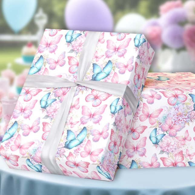 Papier Cadeau Papillon rose violet fille été Anniversaire (Butterfly Pink Purple Girly Summer Birthday Wrapping Paper)