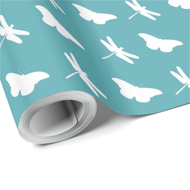 Papier Cadeau Papillon sarcelle et blanc et motif de libellule (Coin rond)