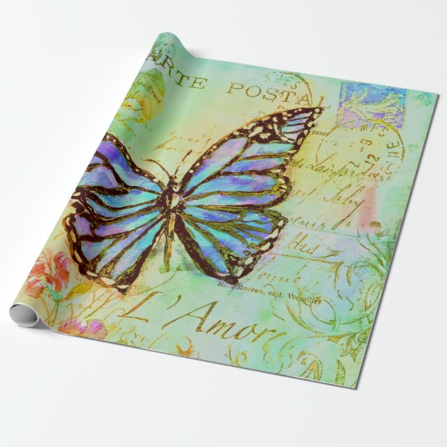 Papier Cadeau Papillon sarcelle et violet  (Déroulé)
