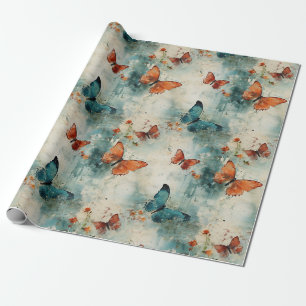 Papier Cadeau Papillon sarcelle Jardin anglais Floral vintage