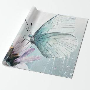 Papier Cadeau Papillon sarcelle menthe Fleurs pastel doux