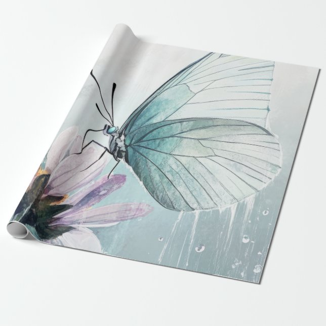 Papier Cadeau Papillon sarcelle menthe Fleurs pastel doux (Déroulé)