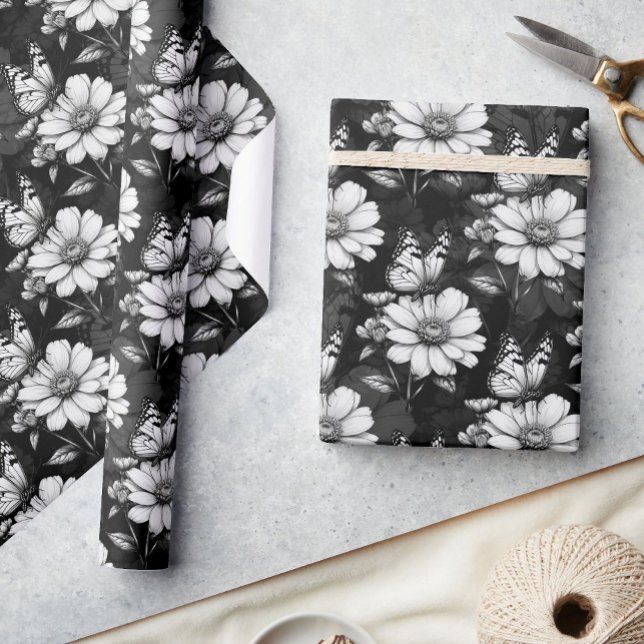 Papier Cadeau Papillon sur Motif à fleurs - Noir (Créateur téléchargé)