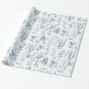 Papier Cadeau Papillon vintage bleu en pastel de Bohème floral