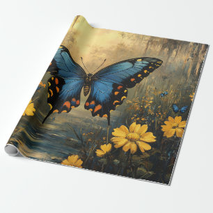Papier Cadeau Papillon vintage et Fleurs jaunes Découpage