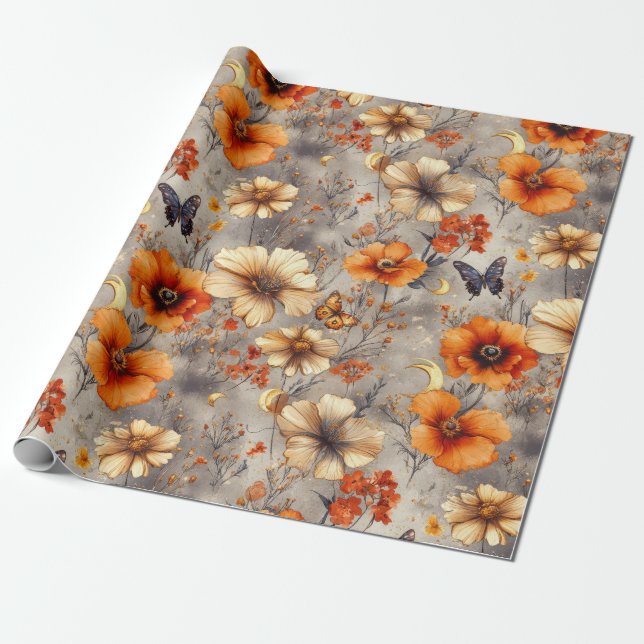 Papier Cadeau Papillon Vintage Fleur Sauvage (1) (Déroulé)