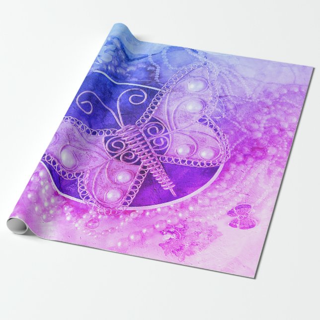 Papier Cadeau Papillon Vintage romantique violet rose découpage (Déroulé)