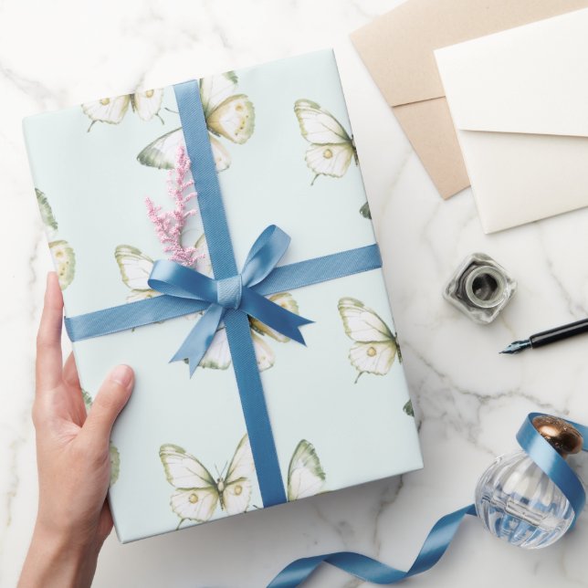 Papier Cadeau Papillons blancs vert menthe Anniversaire (Cadeaux)