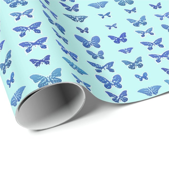 Papier Cadeau Papillons, bleu, arrière - plan turquoise clair (Coin rond)