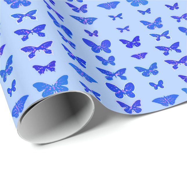 Papier Cadeau Papillons, bleu cobalt, fond bleu clair (Coin rond)