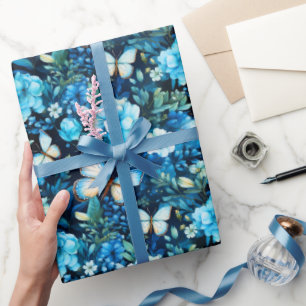 Papier Cadeau Papillons bleus et fleurs bleues