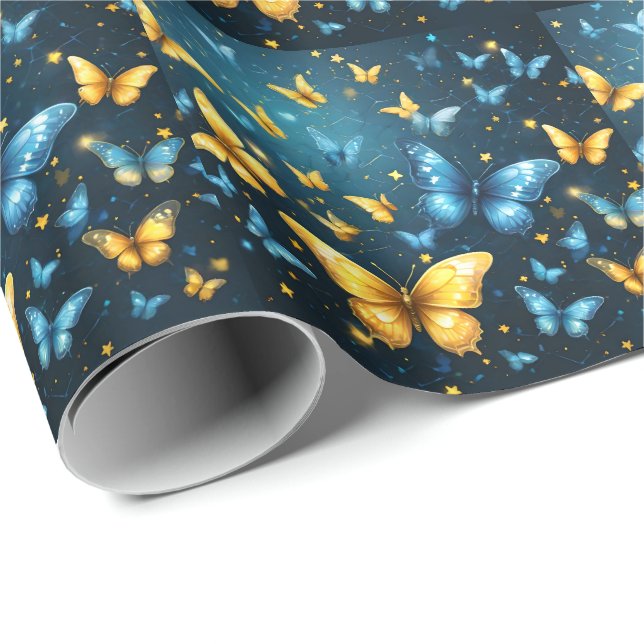 Papier Cadeau Papillons Bleus Et Jaunes Volant, (Coin rond)