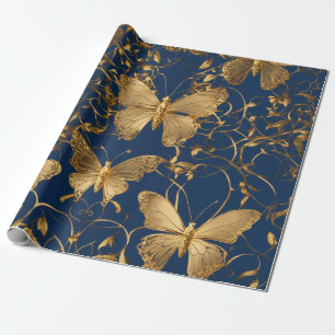 Papier Cadeau Papillons bleus métalliques avec Vins d'or