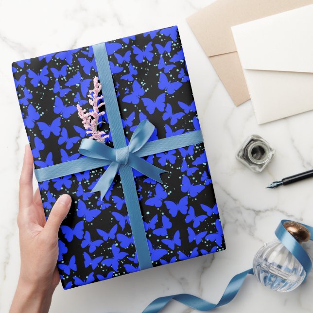 Papier Cadeau Papillons bleus Motif C01.b Black BG (Cadeaux)