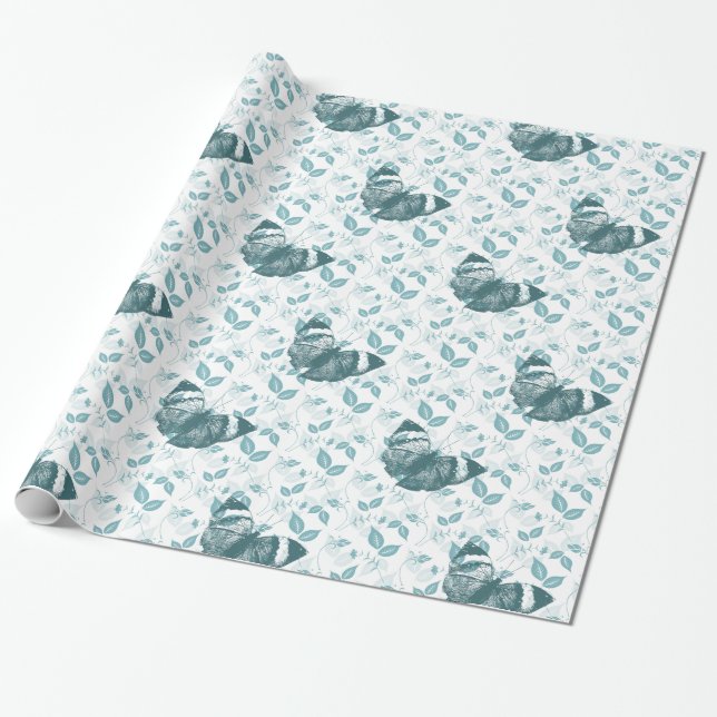 Papier Cadeau Papillons bleus turquoises (Déroulé)