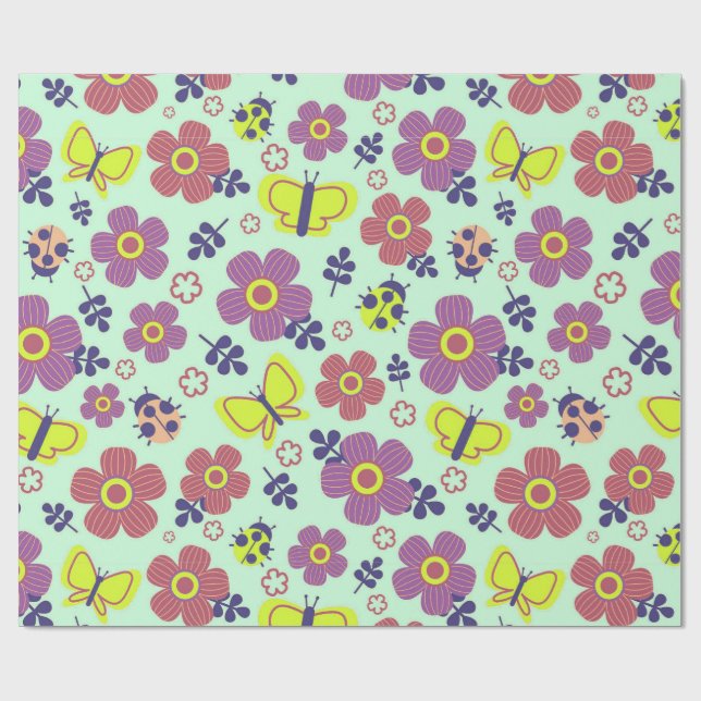 Papier Cadeau Papillons, coccinelles, fleurs et feuilles (Plat)