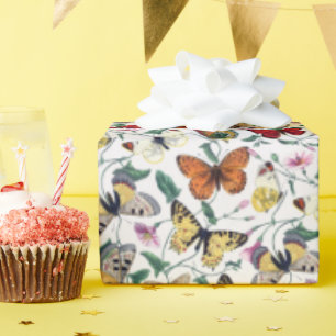 Papier Cadeau Papillons colorés Fleurs roses et Feuilles verts