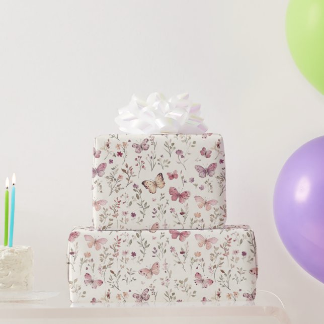 Papier Cadeau Papillons Crème Violette Fleuris Anniversaire (Cadeaux de fête)
