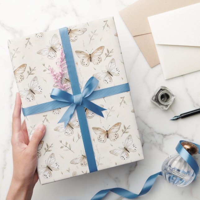 Papier Cadeau Papillons de crème chic pour anniversaire (Cadeaux)