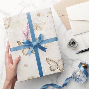 Papier Cadeau Papillons de crème coeurs anniversaire