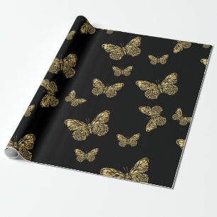 Papier Cadeau Papillons d'or au noir, mignon motif de papillons 