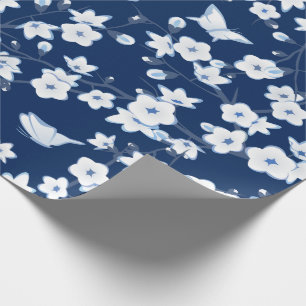 Papier Cadeau Papillons en fleurs de cerisier bleu marine blanc