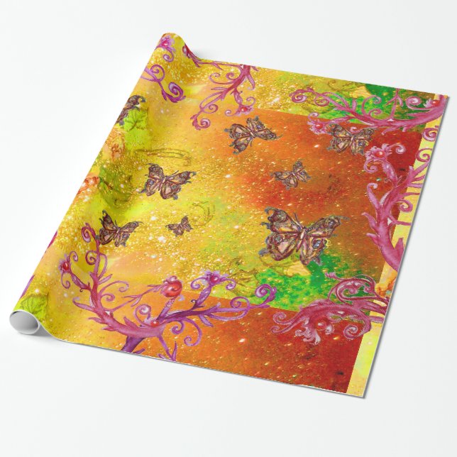 PAPIER CADEAU PAPILLONS EN OR JAUNE BRUN VERT ÉCLATS (Déroulé)