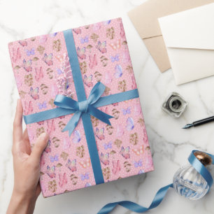 Papier Cadeau Papillons et champignons sur Bubblegum Pink