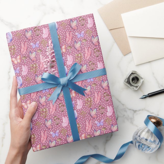 Papier Cadeau Papillons et champignons sur rose pourpre (Cadeaux)
