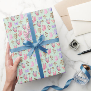 Papier Cadeau Papillons et champignons sur vert clair