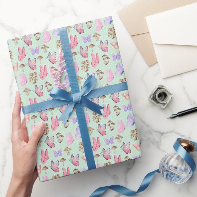Papier Cadeau Papillons et champignons sur vert clair (Cadeaux)