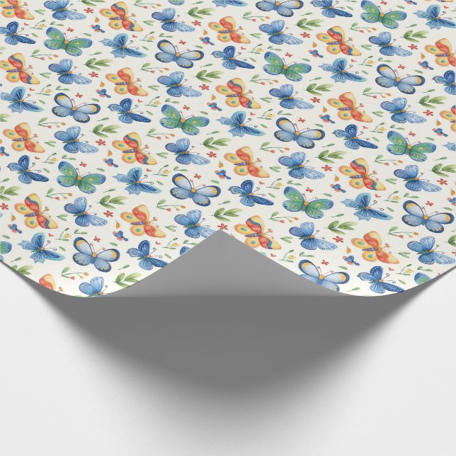 Papier Cadeau Papillons et fleurs bleu jaune vert (Coin)