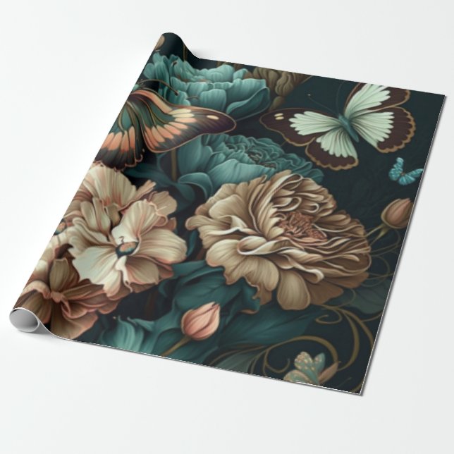 Papier Cadeau Papillons et fleurs design classique foncé (Déroulé)