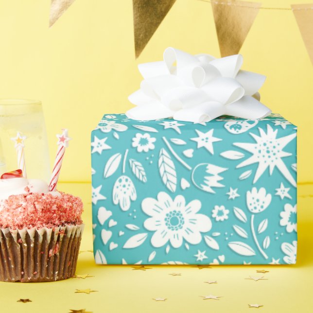 Papier Cadeau Papillons Et Fleurs Sur Aqua (Fête d'anniversaire)