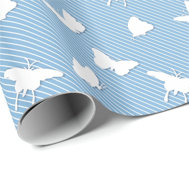 Papier Cadeau Papillons et rayures - blanc sur bleu ciel (Coin rond)