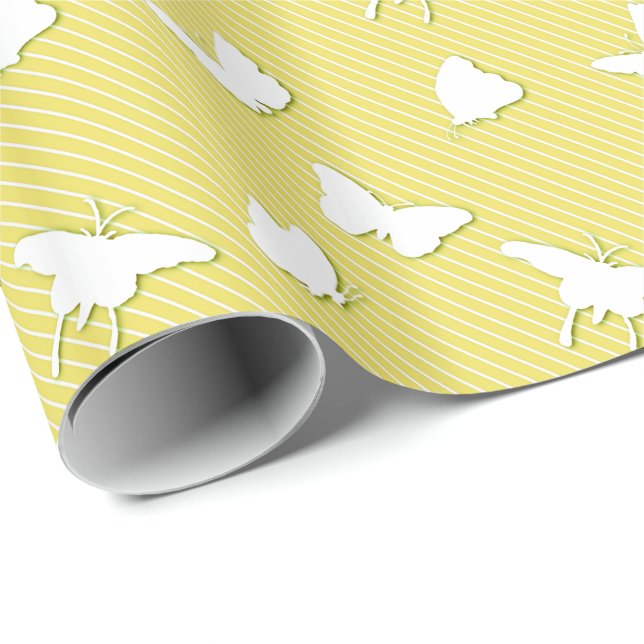 Papier Cadeau Papillons et rayures - blanc sur jaune (Coin rond)