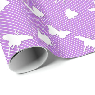 Papier Cadeau Papillons et rayures - blanc sur lavande