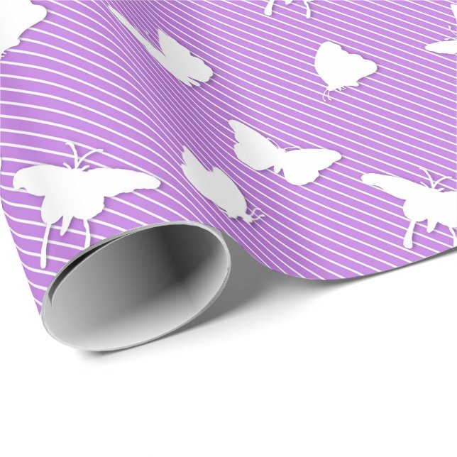 Papier Cadeau Papillons et rayures - blanc sur lavande (Coin rond)