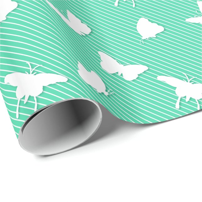Papier Cadeau Papillons et rayures fines - aqua (Coin rond)