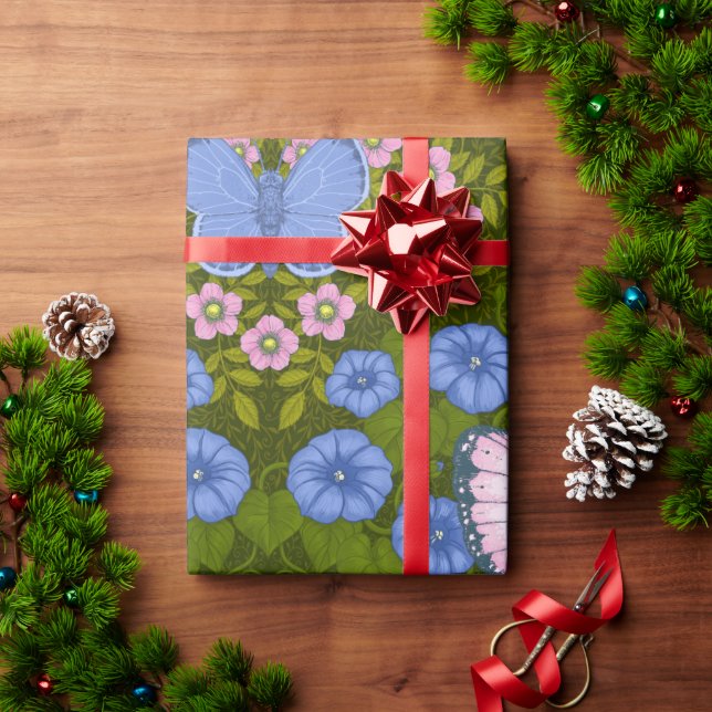Papier Cadeau Papillons et symétrie des fleurs, bleu et rose (Cadeau de vacances)