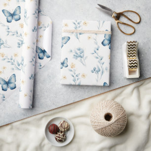 Papier Cadeau Papillons Fleurs Anniversaire Bleu Blanc