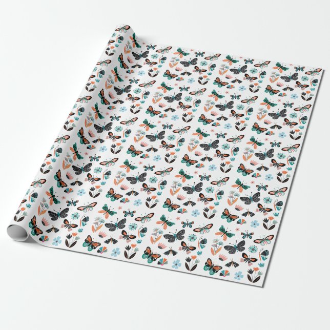 Papier Cadeau Papillons Fleurs : Collection Dessinée à la main (Déroulé)