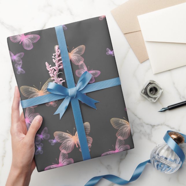 Papier Cadeau Papillons iridescents sur gris (Cadeaux)