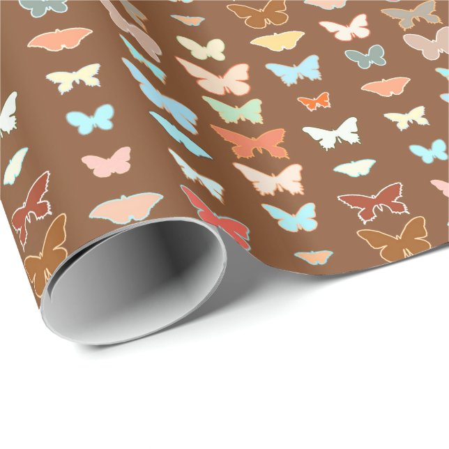 Papier Cadeau Papillons, marron, turquoise et corail (Coin rond)
