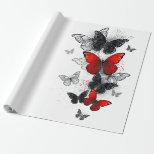 Papier Cadeau Papillons noirs et rouges volants